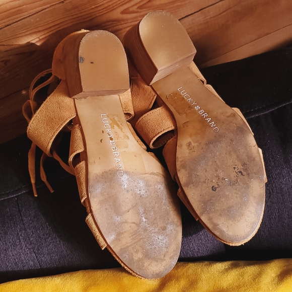 Suede Nude/Brown Lucky Brand Lace Up Sandal Heels - Picture 5 of 7